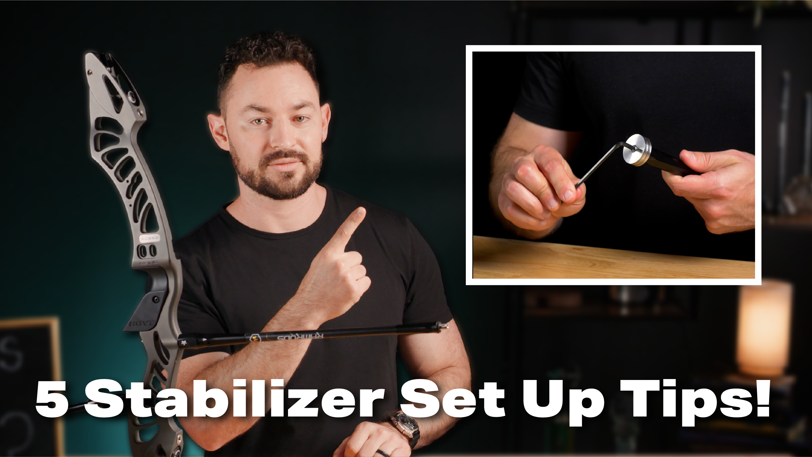 Josh pointing to a photo of a person screwing a weight on a stabilizer. The below text says, "5 stabilizer set up tips!"