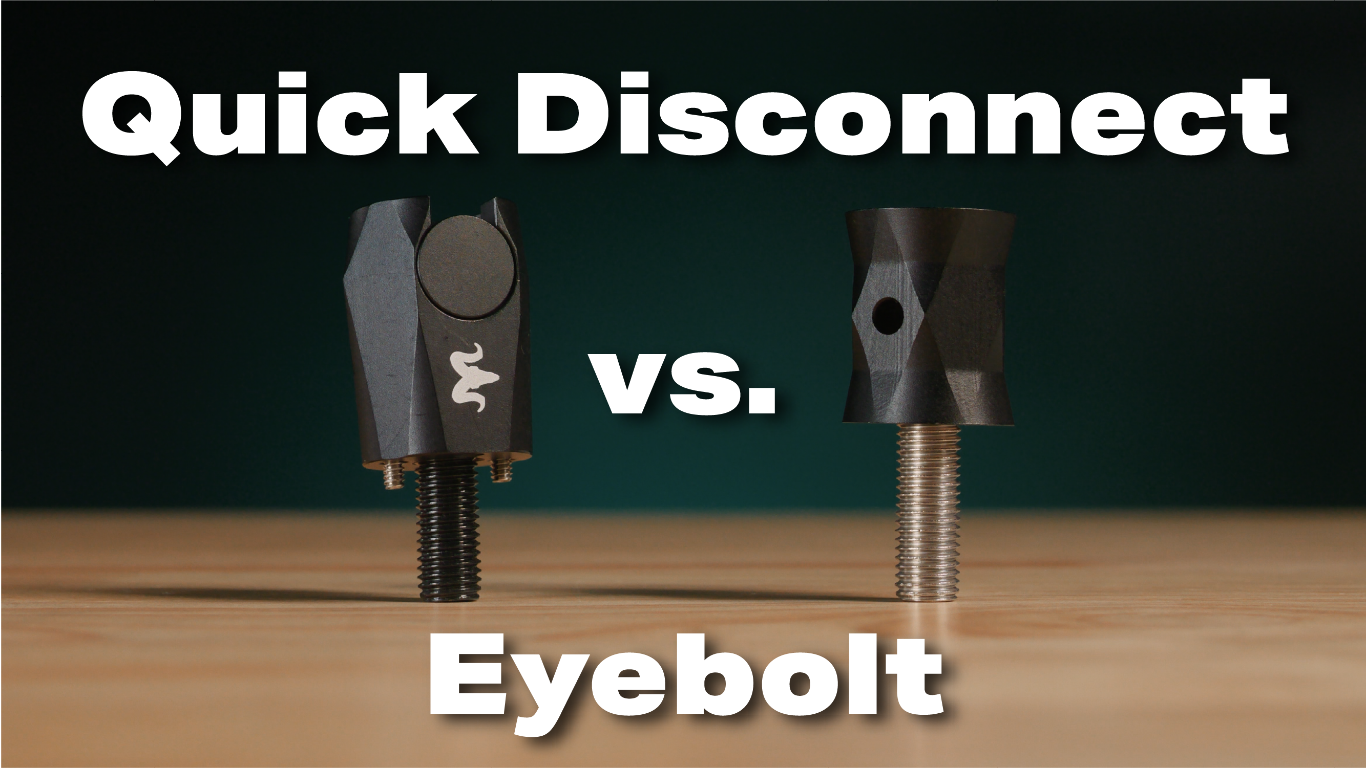 RamRods Quick disconnect and 1 inch eyebolt sitting on a table. The text says, "Quick disconnect vs. eyebolt."