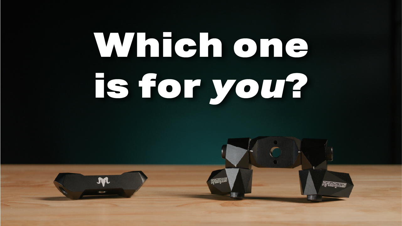 A fixed V-Bar sitting next to an adjustable V-Bar mount. the above text says, "Which one is for you?"